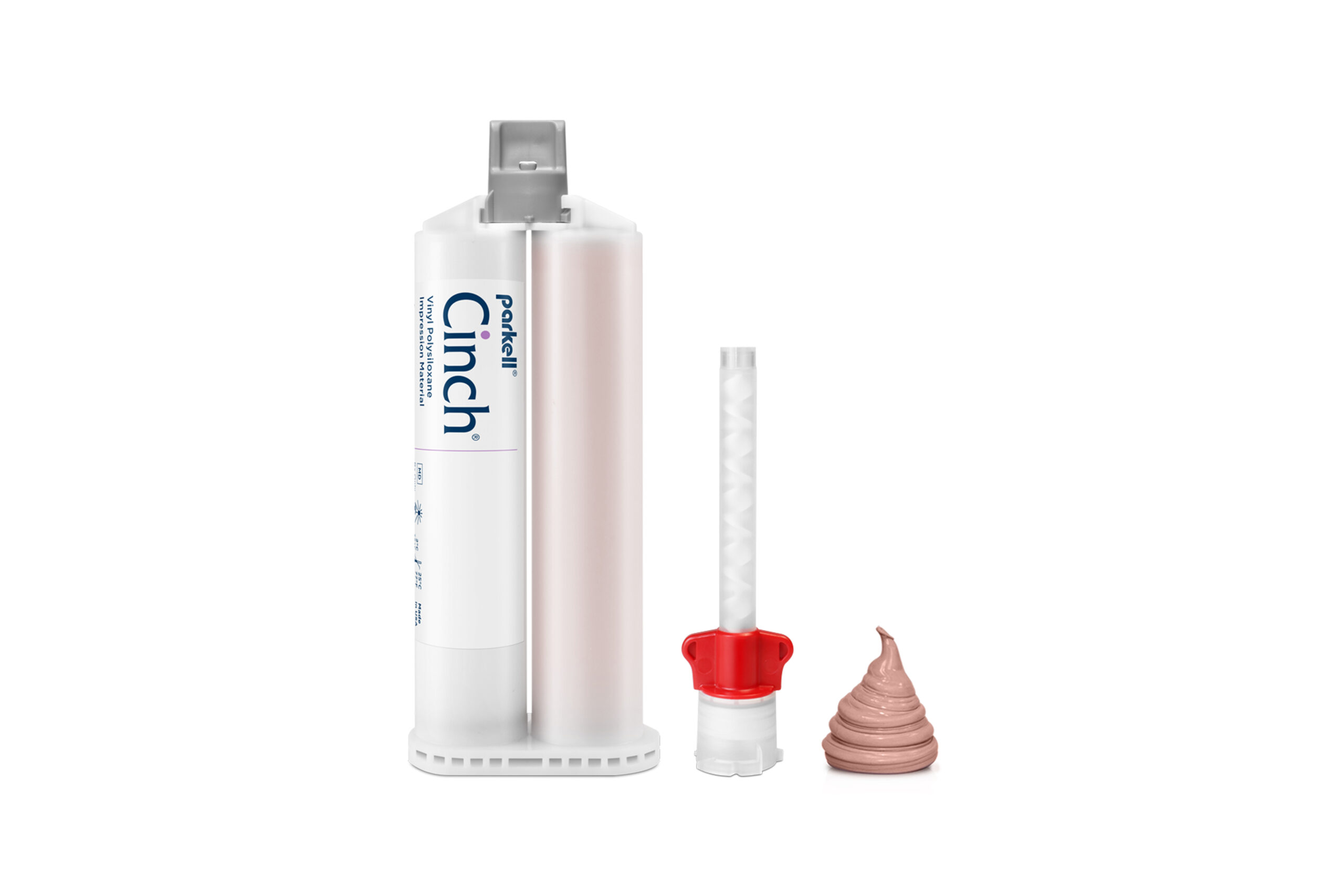 “Cinch® medium-body VPS impression material cartridge with mixing tip and material sample.”