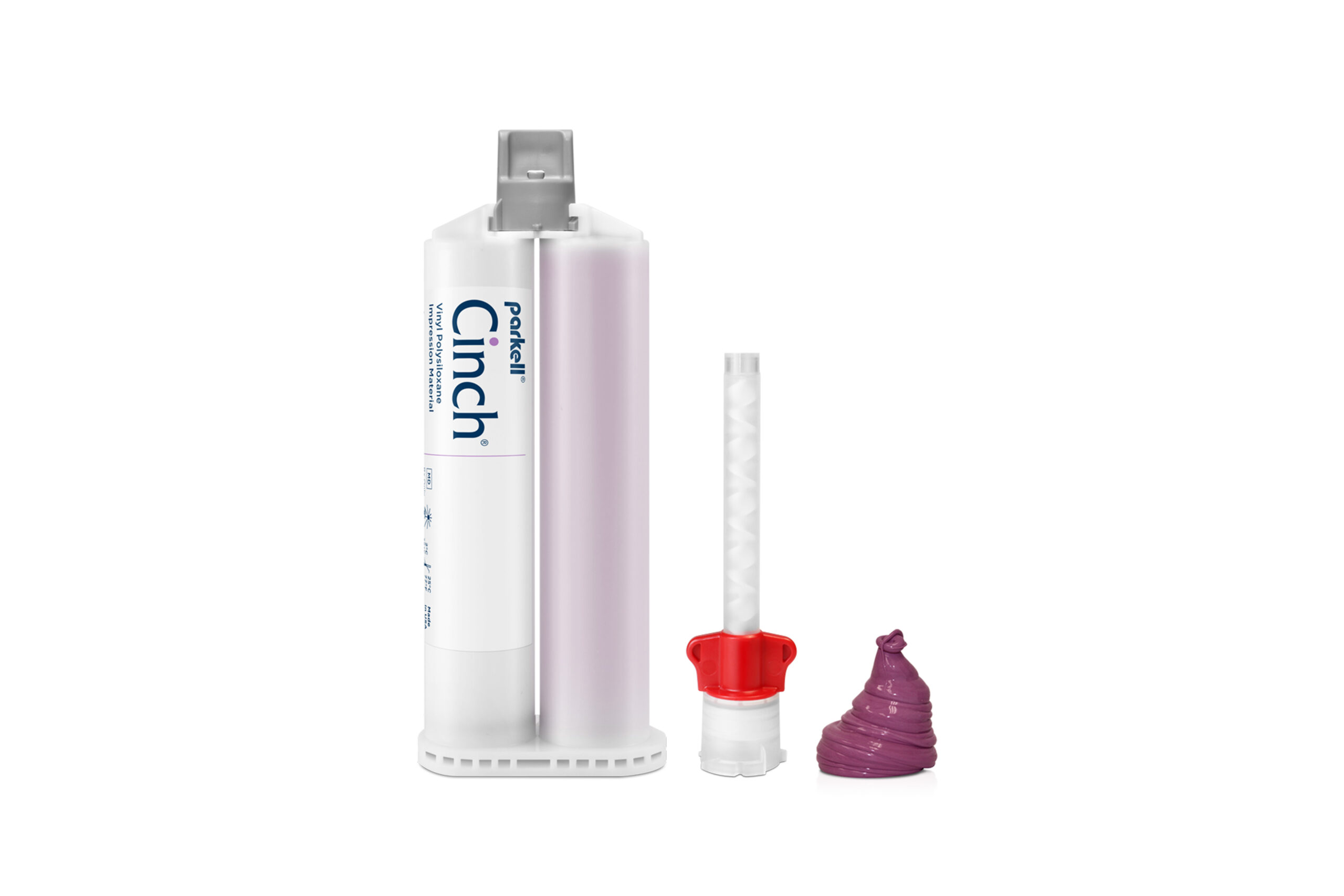 “Cinch® in split-cartridge no-clog auto-mix system with a pink mixing tip and a sample of purple impression material.”
