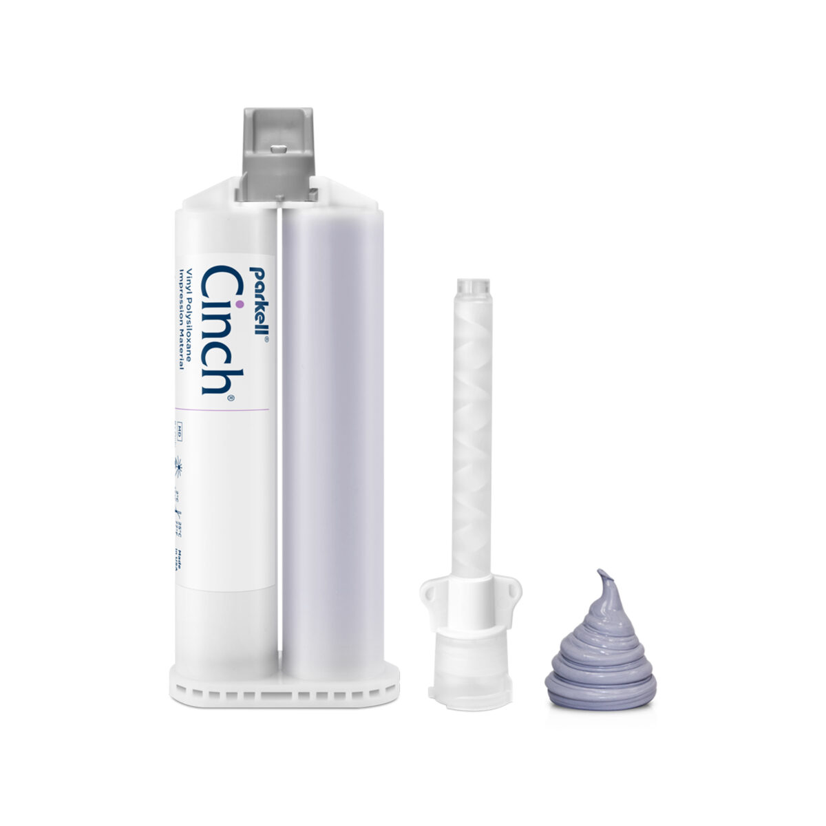 “Cinch® Putty Split Cartridge System with a teal mixing tip and a sample of light purple impression material.”