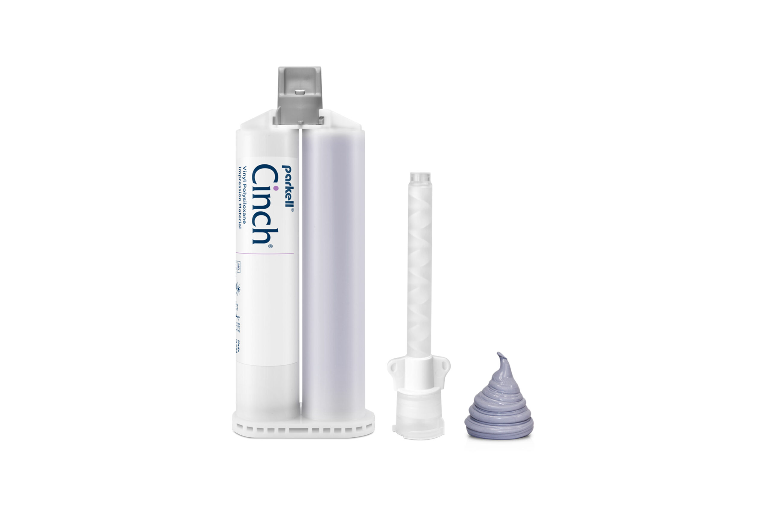 “Cinch® Putty Split Cartridge System with a teal mixing tip and a sample of light purple impression material.”