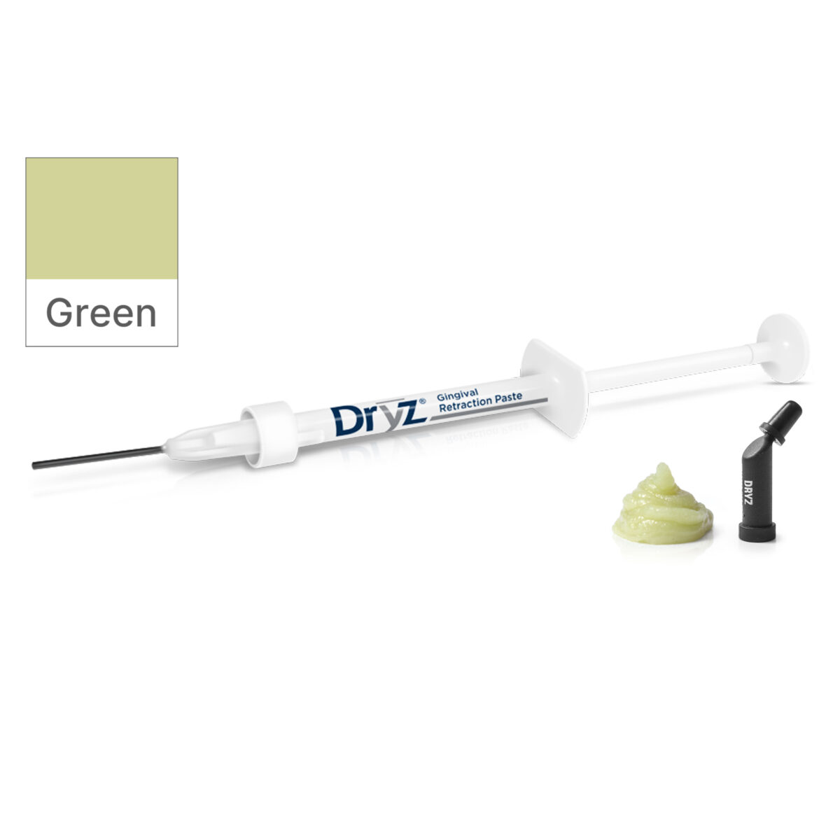 Dryz hemostatic gingival retraction paste, syringe and black tip.
