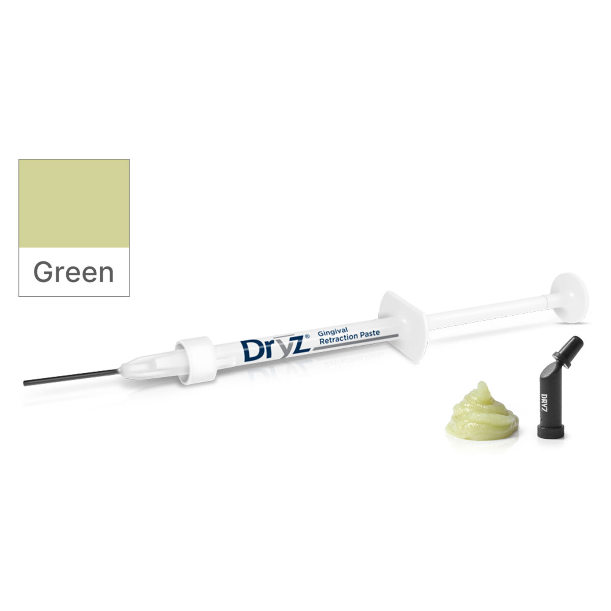 Dryz hemostatic gingival retraction paste, syringe and black tip.