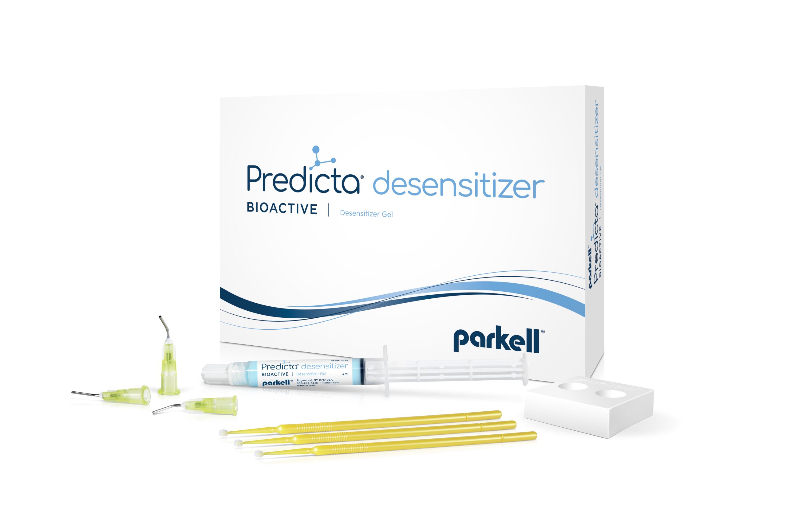 Predicta Bioactive Desensitizer 3-syringe kit for desensitizing gel for teeth, shown with a syringe, yellow applicator tips, microbrushes, and a white mixing well