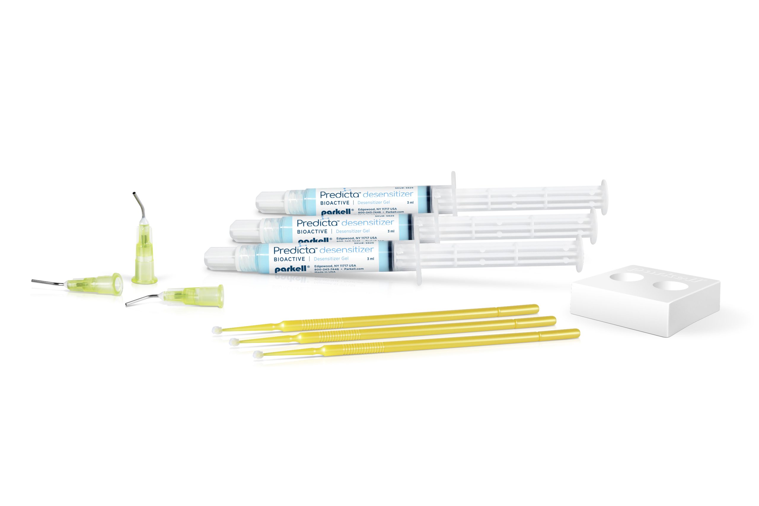 Predicta Bioactive Desensitizer a desensitizing gel for teeth, shown with 3 syringes, yellow applicator tips, microbrushes, and a white mixing well