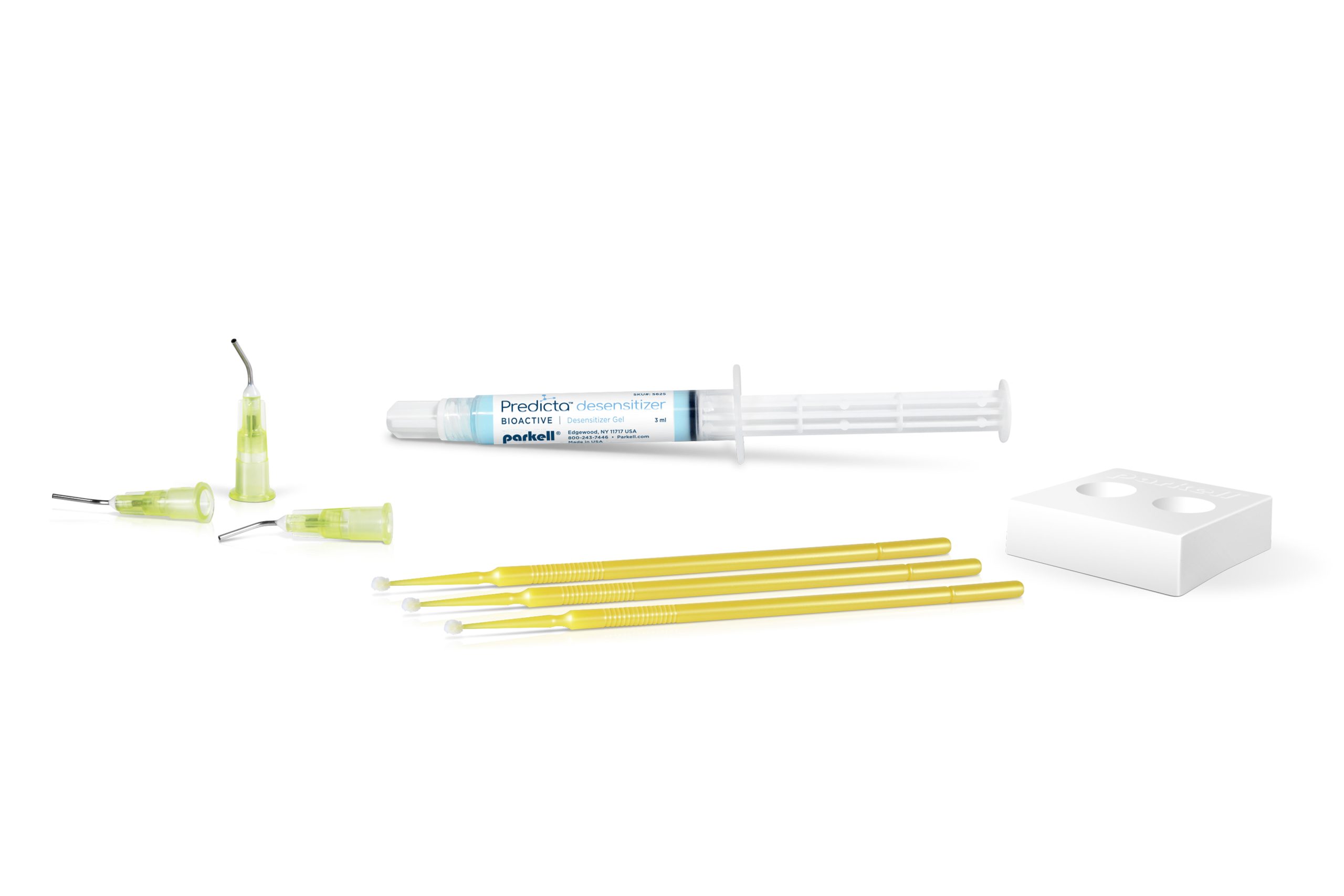 Predicta Bioactive Desensitizer a desensitizing gel for teeth, shown with a syringe, yellow applicator tips, microbrushes, and a white mixing well
